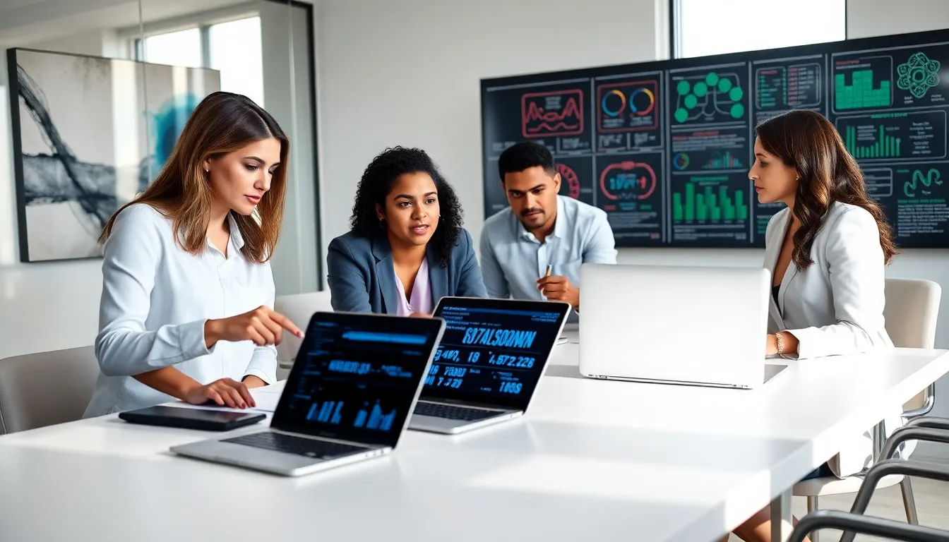 professionals discussing data significance in a modern office.